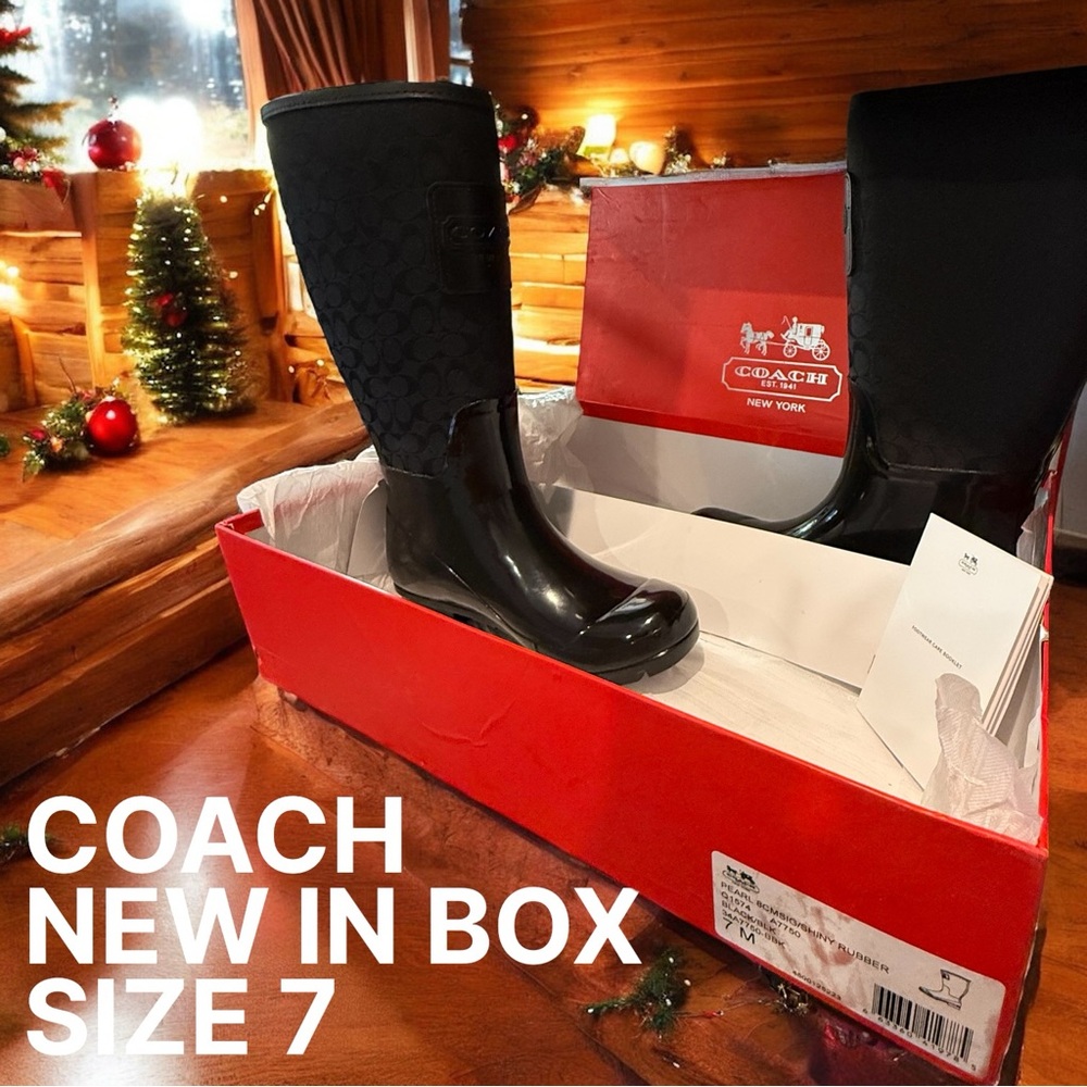 Coach New In Box Sz. 7 Pearl Monogram Signature Shiny Rubber Rain/Snow Boots NWT